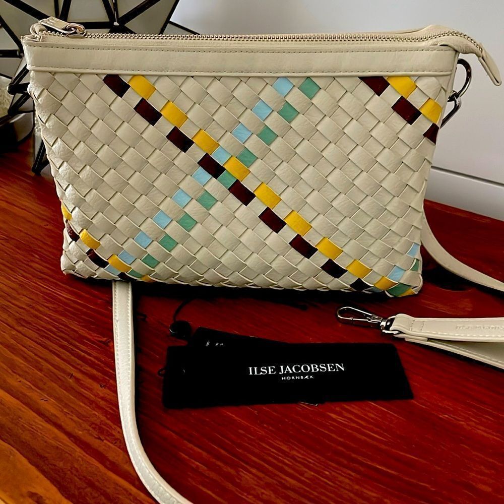 Ilse Jacobsen Cream Woven Crossbody with Yellow, Light Blue and Burgundy Accents
